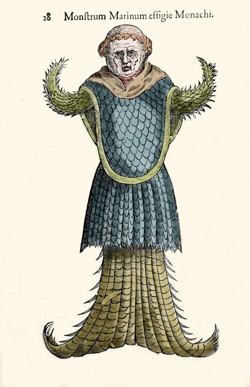 De zeemonnik, denkbeeldige vis en zeemonster door Ulisse Aldrovandi (1522-1605), "Monstrorum Historiae", Bologna 1642 door Ulisse Aldrovandi