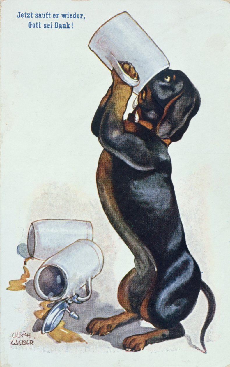 Een teckel die bier drinkt, c.1900 door Ulrich Weber