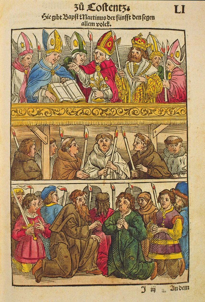 Martin V wordt tot paus gekozen en zegent het volk op het Concilie van Konstanz, 1417, uit 