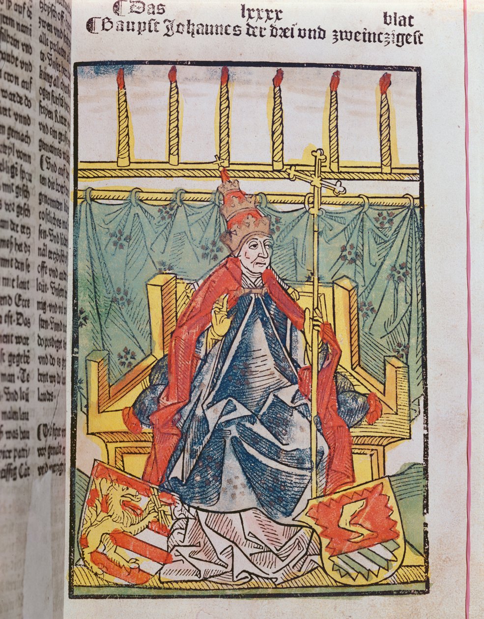 De tegenpaus Johannes XXIII (c.1370-1419) op het Concilie van Konstanz (1414-18), 1483 (gekleurde houtsnede) door Ulrich von Richental