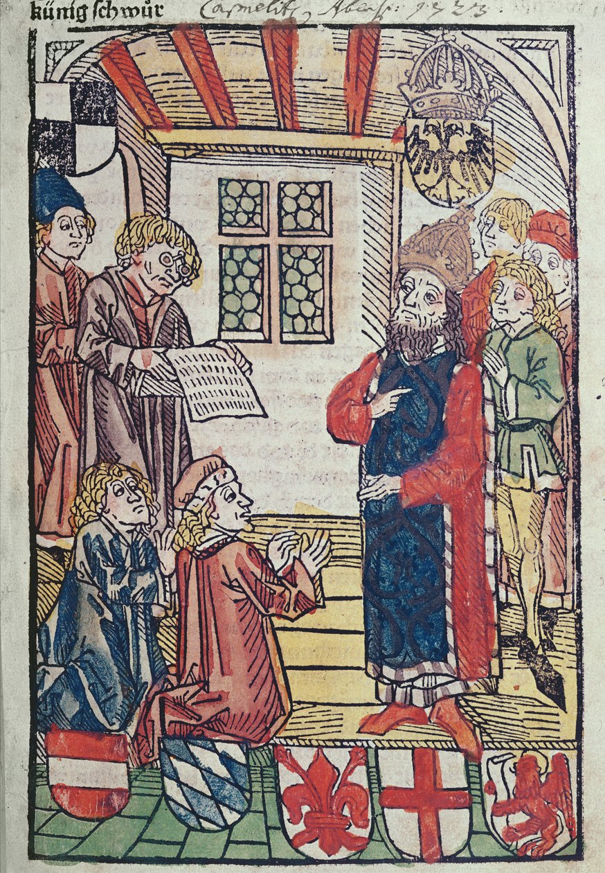 De koning van de Romeinen, Sigismund van Luxemburg, ontvangt de hulde van hertog Frederik van Oostenrijk, 1483 door Ulrich von Richental