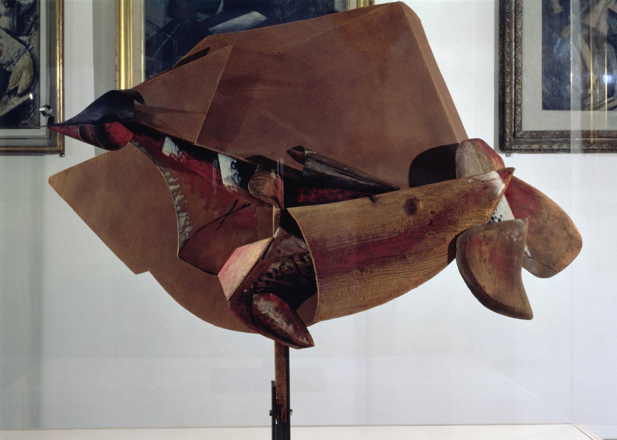 Dynamiek van een paard in beweging en huizen door Umberto Boccioni