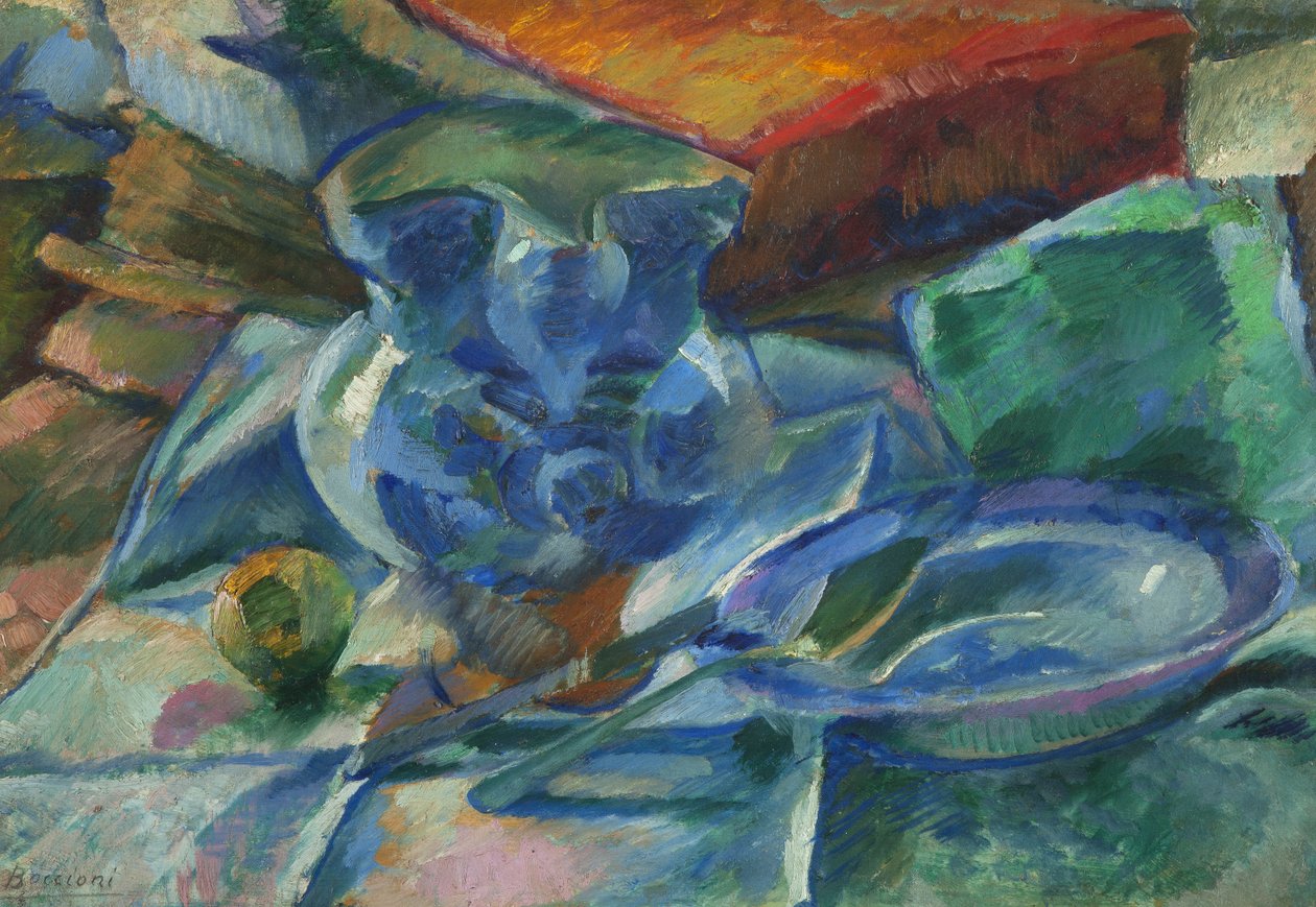 Stilleven van aardewerk, bestek en fruit, 1915 door Umberto Boccioni