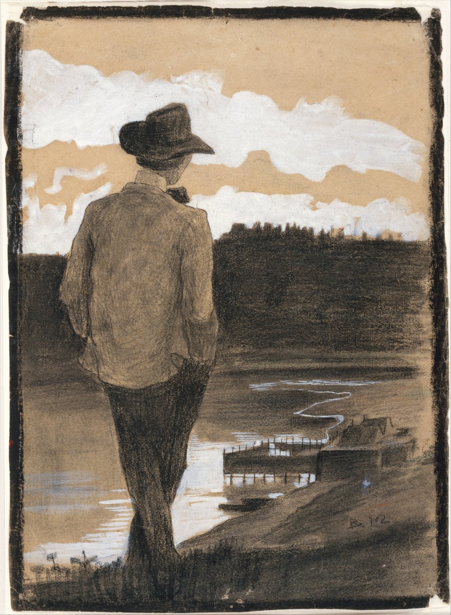 Jonge man op een rivieroever (recto); studie van een Wagneriaanse scène (verso) door Umberto Boccioni