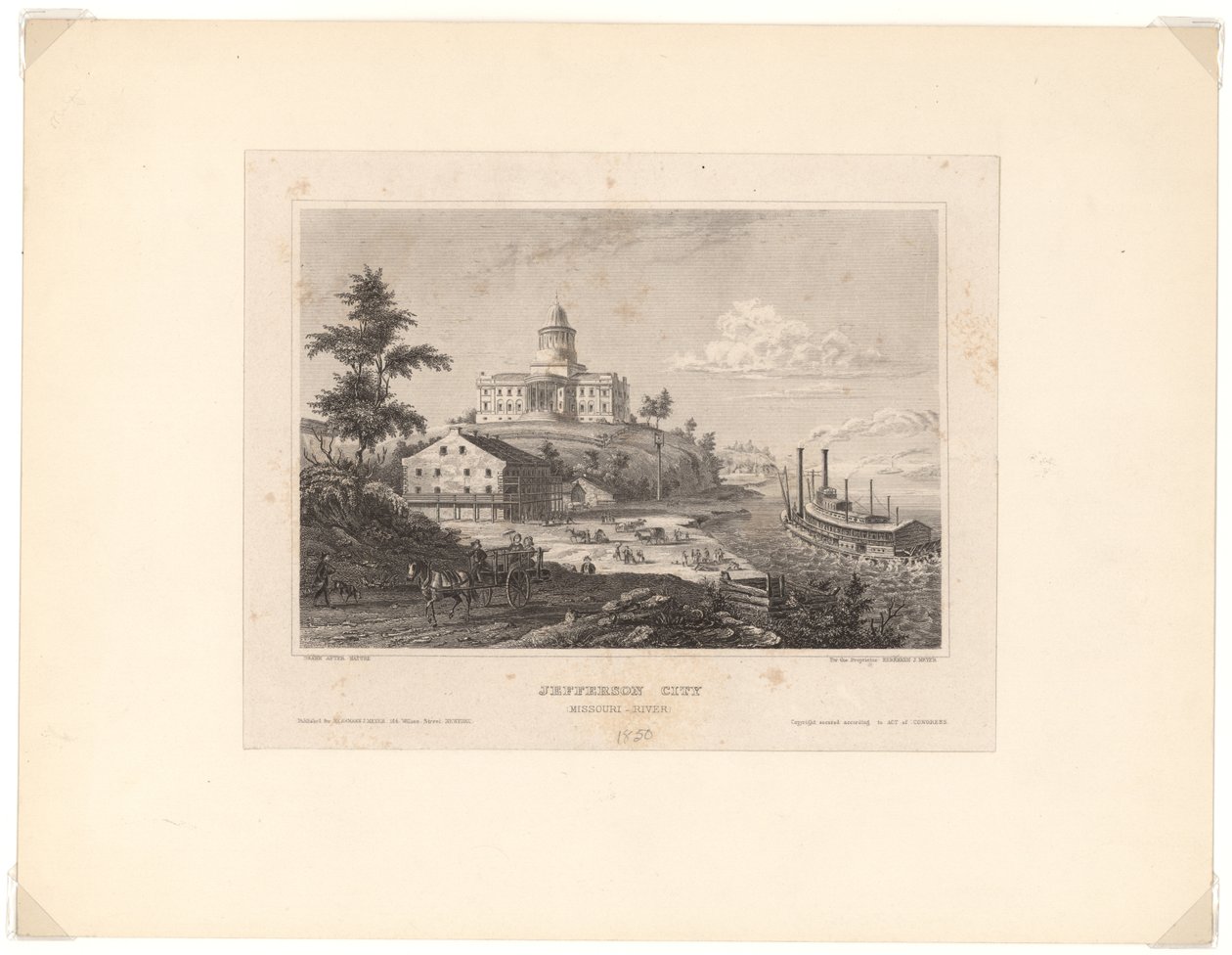 Horizontale staalgravure met uitzicht op Jefferson City vanaf de Missouri-rivier. Het Capitoolgebouw staat op een heuvel op de achtergrond. Een stoomboot is rechts op de Missouri-rivier en een paard trekt een wagen op de voorgrond door Unbekannt Unbekannt