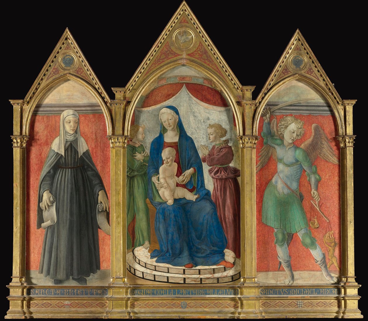 Maestro di Pratovecchio, drieluik met Madonna, Sint Brigida en Sint Michaël door Unbekannt Unbekannt