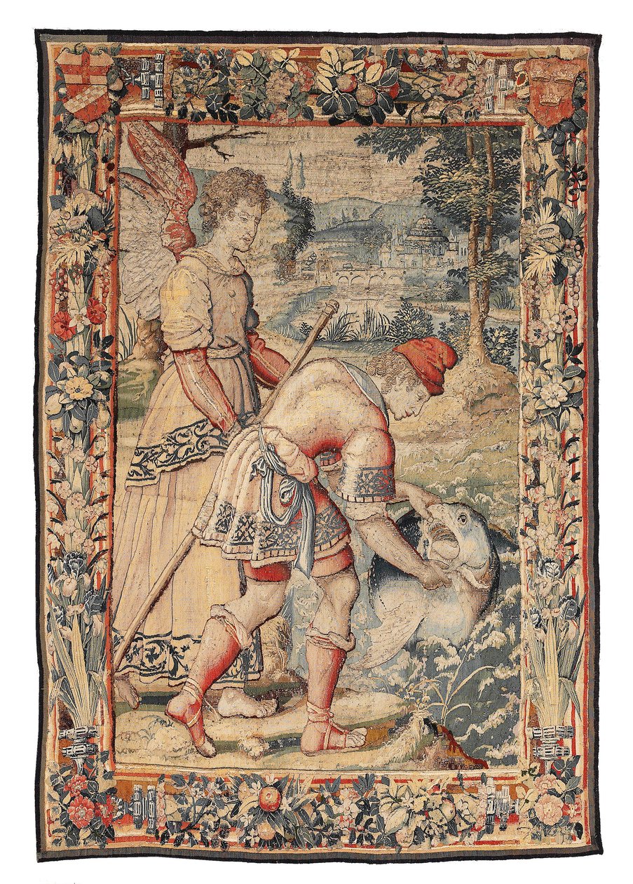 Tapisserie Tobias vangt een vis, begeleid door een engel door Unbekannt Unbekannt