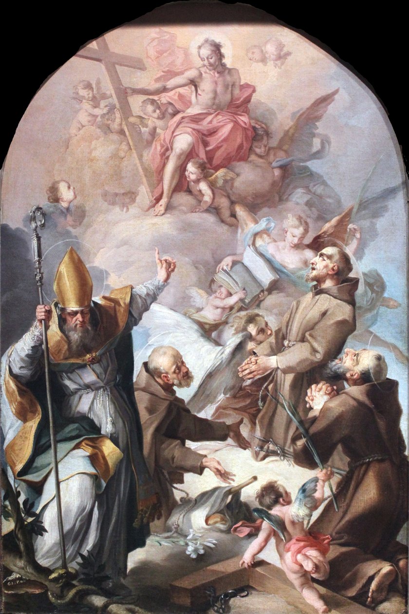 Drie Kapucijnse Heiligen en een Bisschop die Christus en het Kruis Aanbidden door Unbekannt Unbekannt