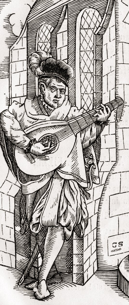 Een Troubadour, detail van een houtsnede, gegraveerd door Georg Scharffenberg, uit 