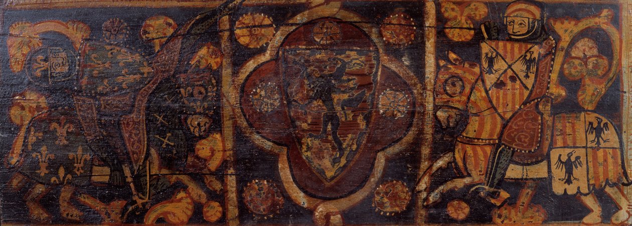 Plafondpaneel met een ridder van het Huis van Anjou neergeslagen door een ridder met het wapen van C... door Unbekannt Unbekannt