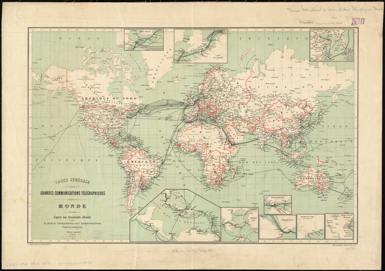 Wereldkaart van telegraaflijnen gepubliceerd door het Internationaal Telegraafbureau, 1901 door Unbekannt Unbekannt