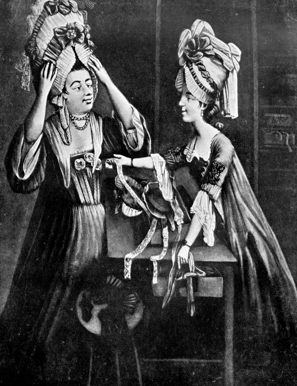 Een hoedenwinkel, mevrouw Monopolize, de slagersvrouw, koopt een moderne hoofdtooi, 1772 door Unbekannt