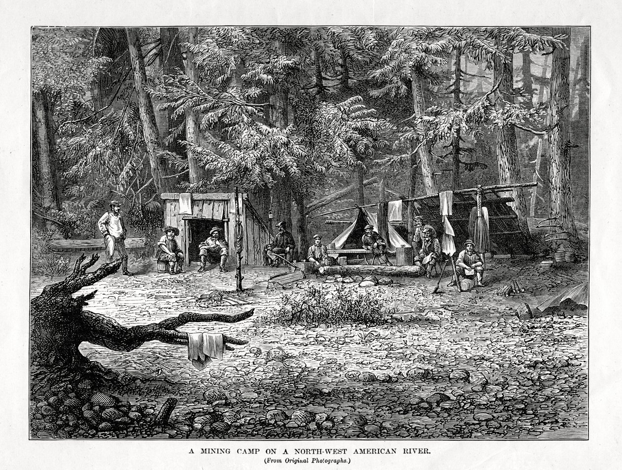 Een mijnkamp aan een Noordwest-Amerikaanse rivier, 1877 door Unbekannt