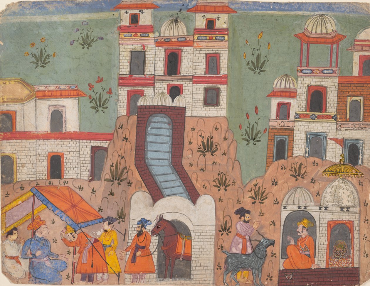 Een Raja ontvangt eerbetoon buiten de stad, uit een verspreid manuscript door Unbekannt