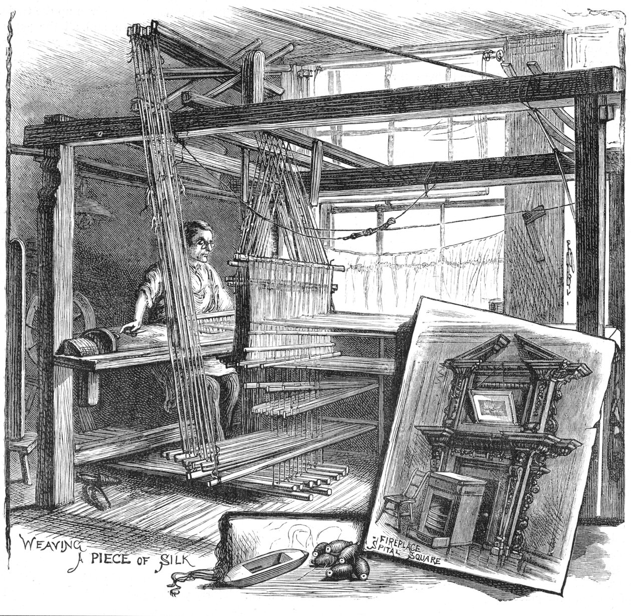 Een zijdewever uit Spitalfields aan zijn handweefgetouw, 1884 door Unbekannt