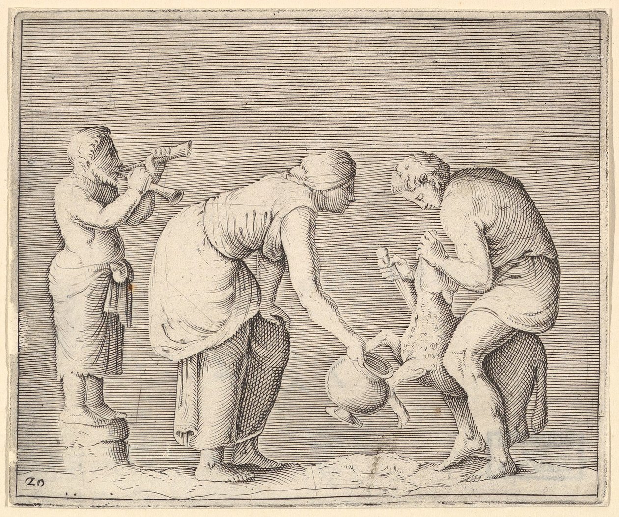 Een vrouw die bloed verzamelt van een schaap, gepubliceerd ca. 1599-1622 door Unbekannt
