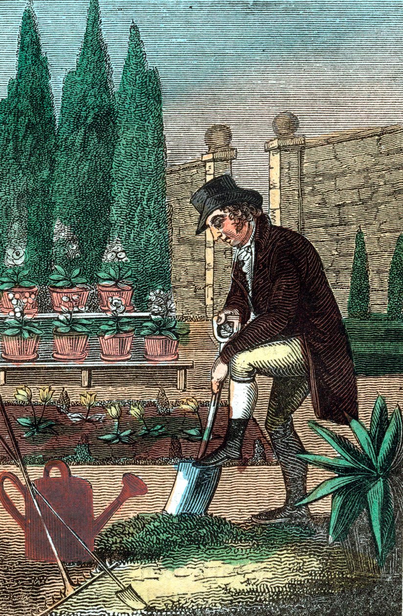 Een tuinman die met een spade graaft, 1821 door Unbekannt