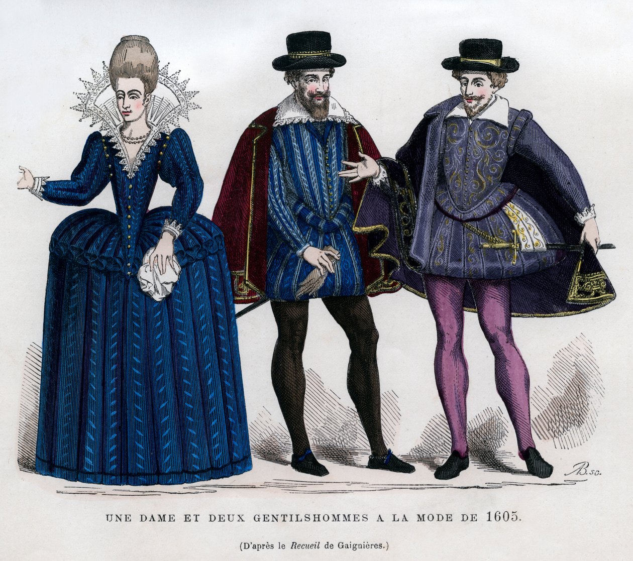 Een dame en twee heren in Franse kleding van 1605, 1882-1884 door Unbekannt