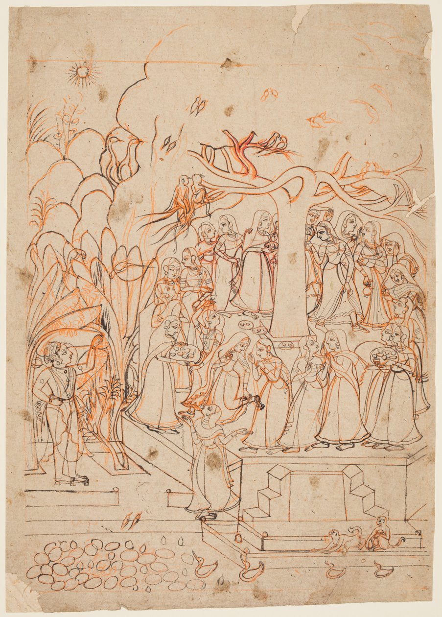 Een blad uit een Baramasa-serie: de maand Jyestha mei-juni, Krishna kijkt naar de Gopis..., ca. 1760 door Unbekannt