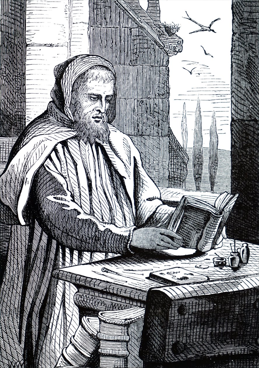 Een monnik die een manuscript verlucht door Unbekannt