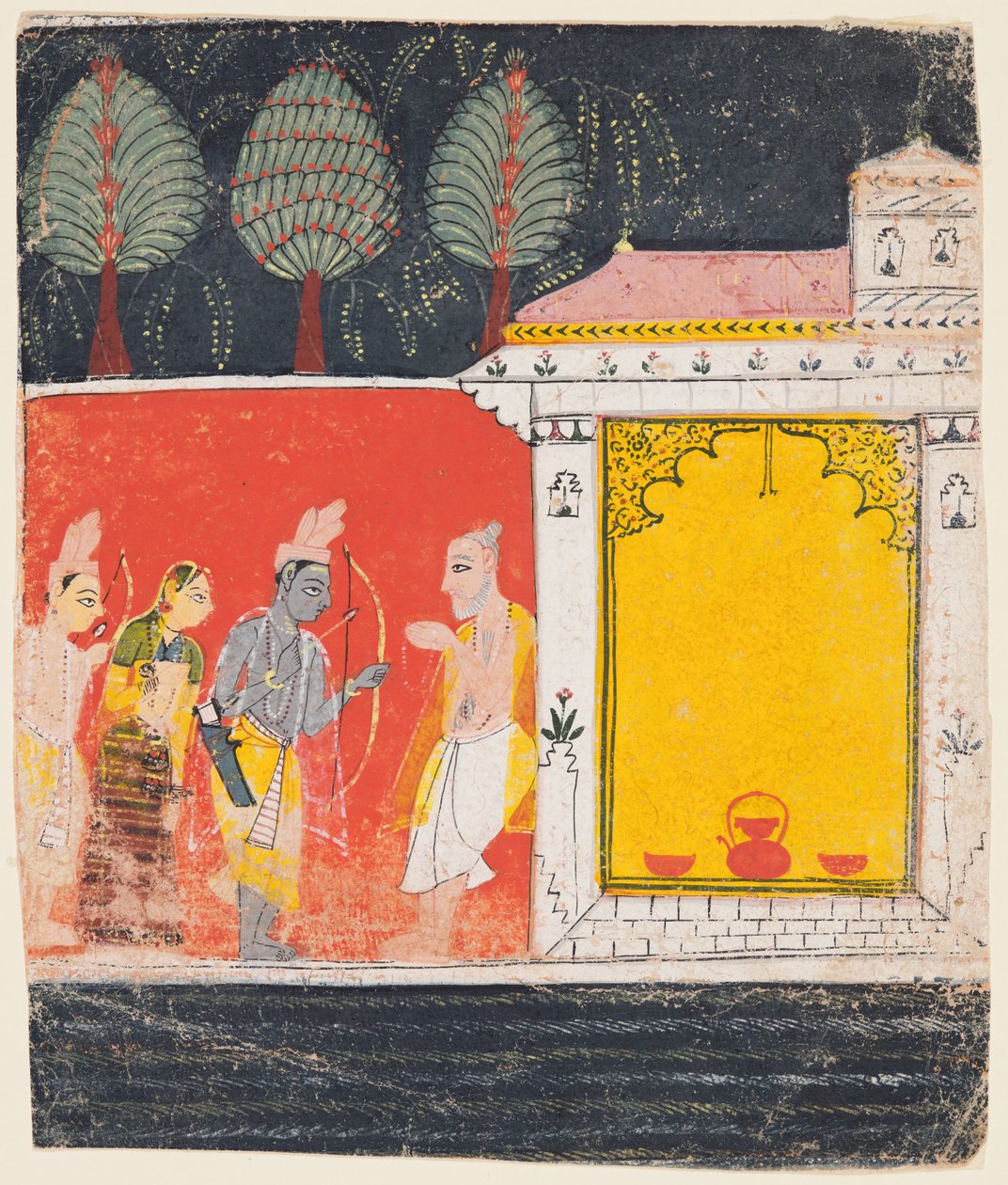 Een pagina uit een Ramayana: Een nachtscène van Rama, Lakshman en Sita voor de rishi..., ca. 1650 door Unbekannt