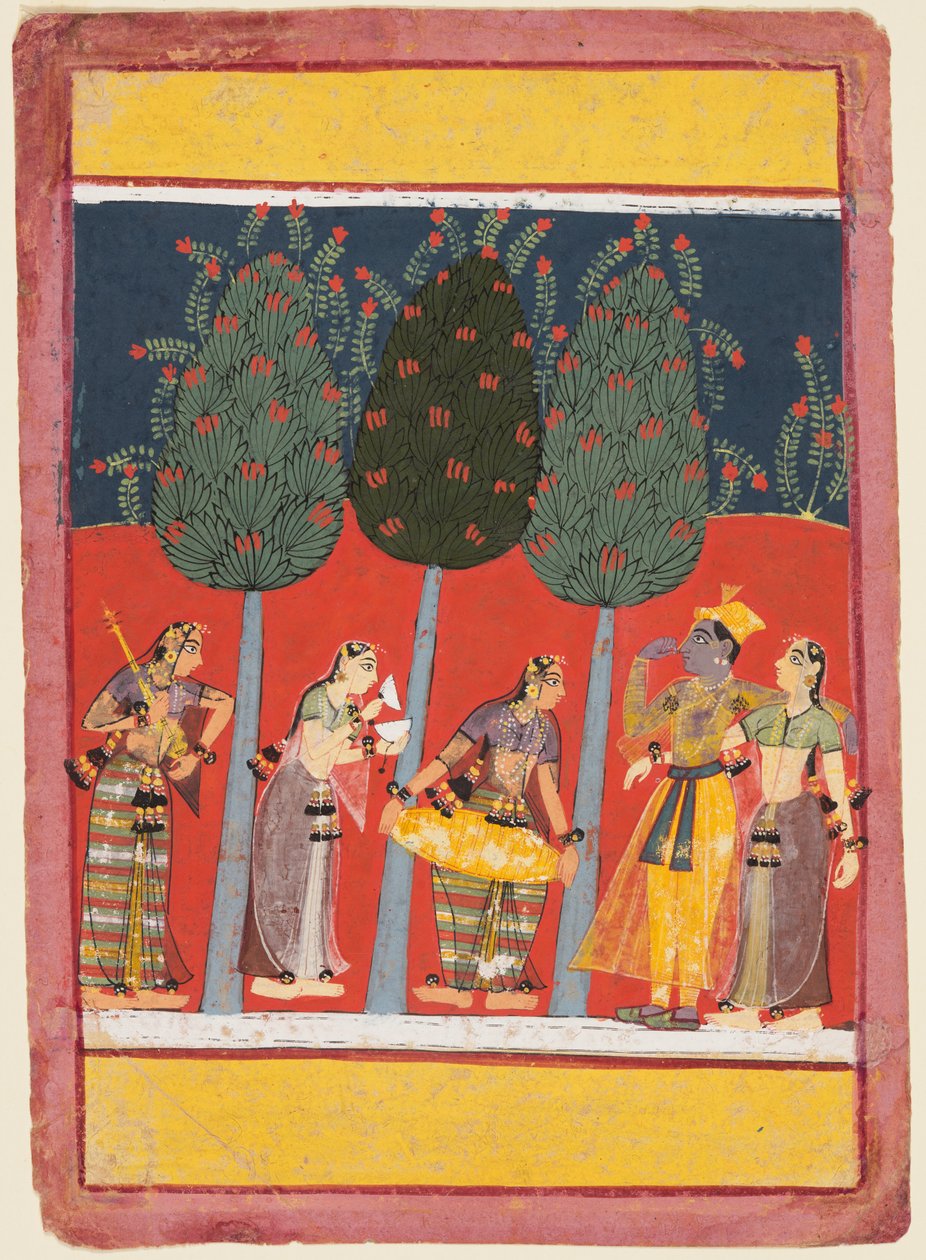 Een pagina uit een Rasikapriya-serie: Krishna en Radha en de Sakhis met muziekinstrumenten, ca. 1650 door Unbekannt