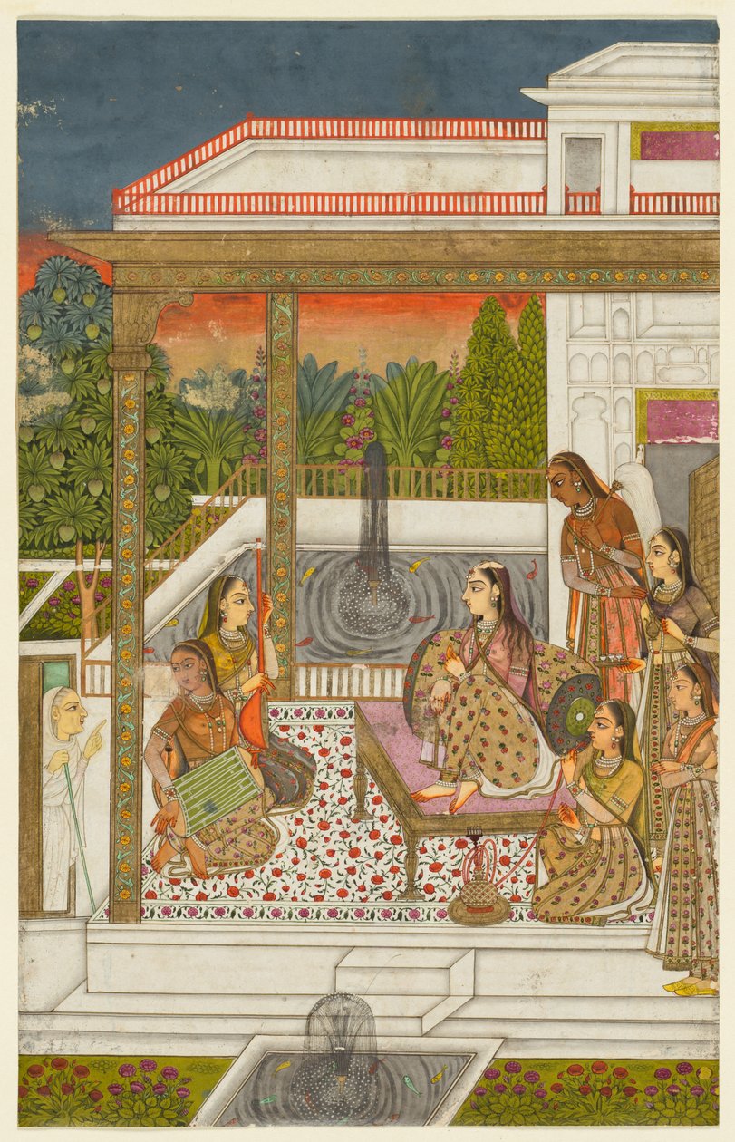 Een prinses met bedienden op een terras, ca. 1720-1730 door Unbekannt