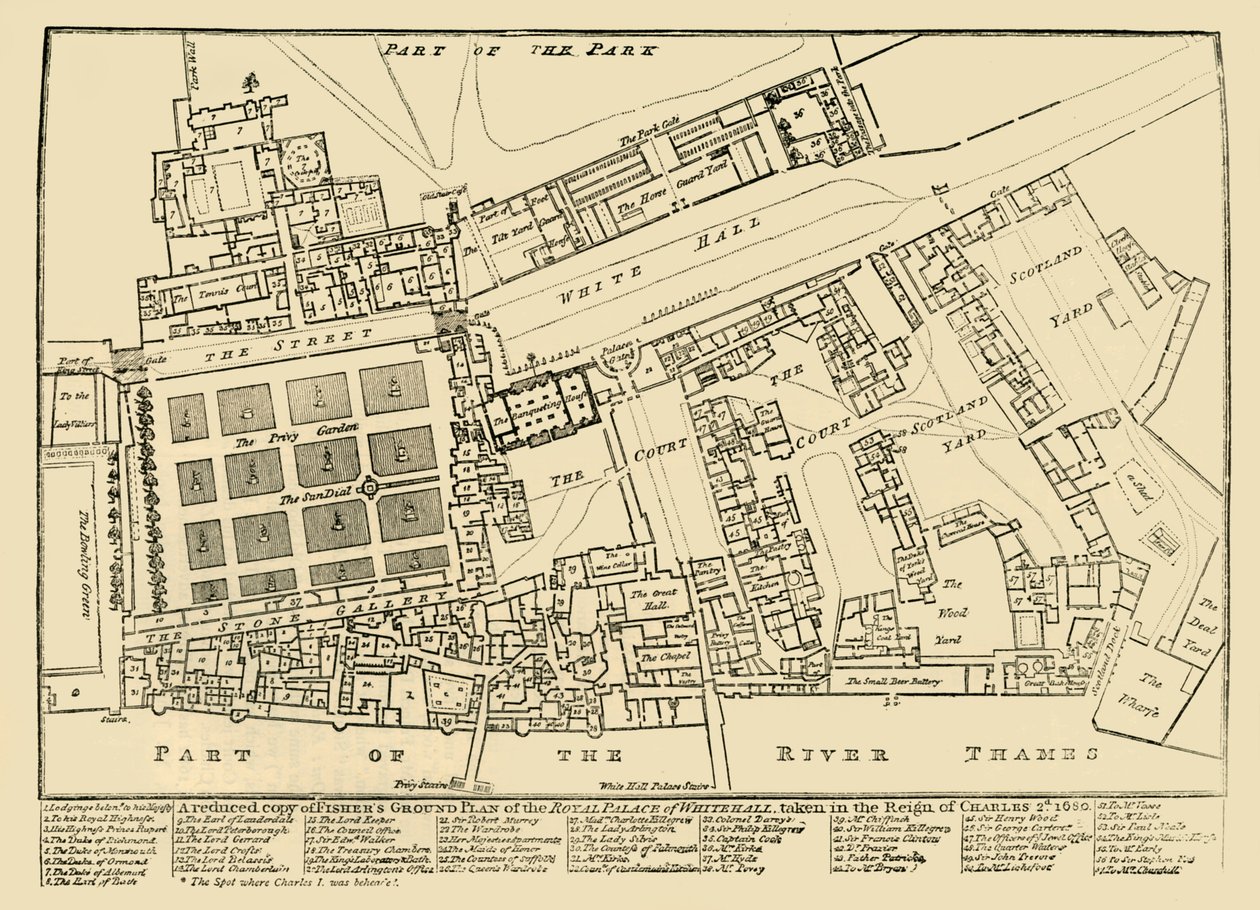 Een verkleinde kopie van Fishers Grondplan van het Koninklijk Paleis van Whitehall, 1680, 1881 door Unbekannt