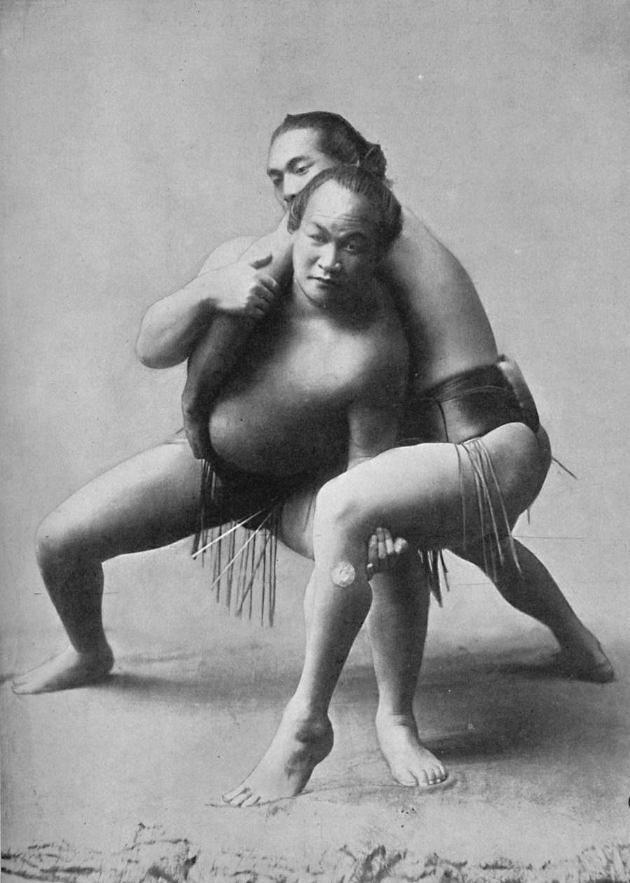 Een sumoworstelwedstrijd tussen een paar Japanse professionals, 1902 door Unbekannt