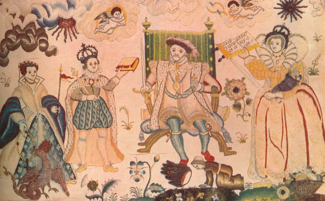Een wandtapijt met Hendrik VIII, Edward VI en Elizabeth I. Gedacht te zijn Elizabethaans, 1914 door Unbekannt