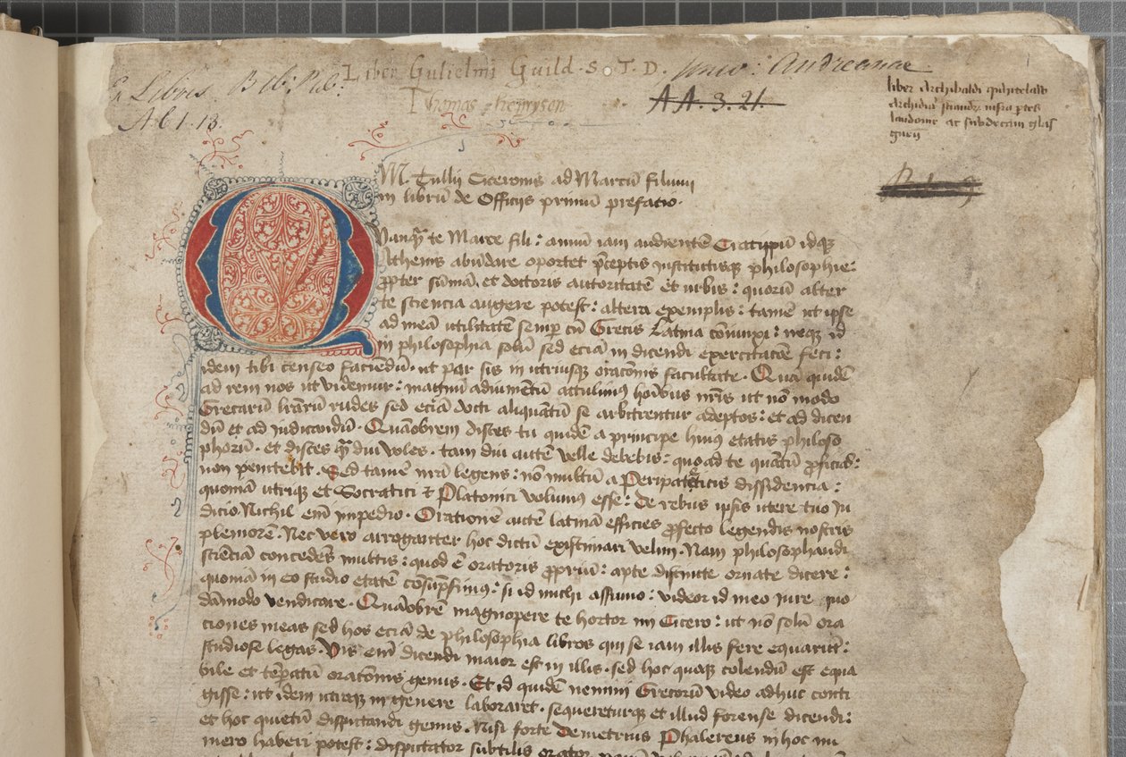 Een transcriptie, in drie handen, van de filosofische werken van Marcus Tullius Cicero, schijnbaar genomen uit de editio romana van 1471, met marginalia in de hand van Archibald Whitelaw en anderen, ca. 1480 door Unbekannt