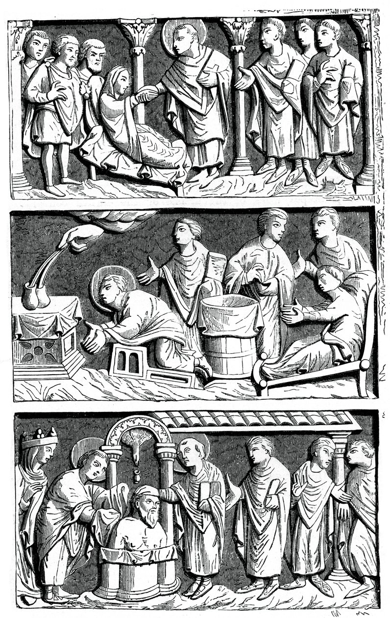 Een drieluik van het genezende werk van St. Remy, bisschop van Reims, 11e eeuw door Unbekannt