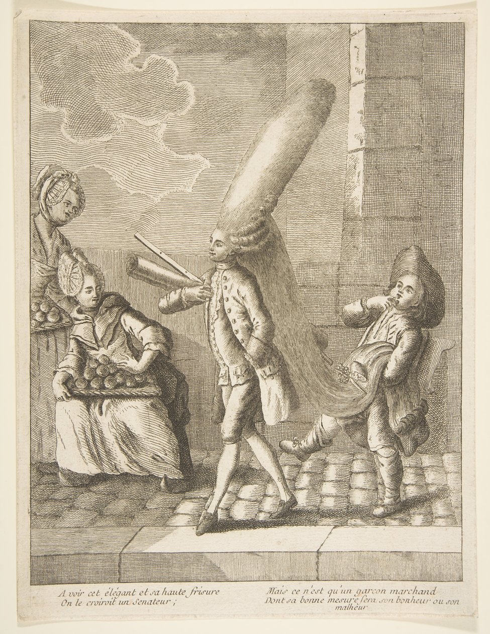 Een elegante verschijning en zijn hoge kapsel, Men zou hem een Senator geloven, Maar het is slechts een..., 1720-75 door Unbekannt