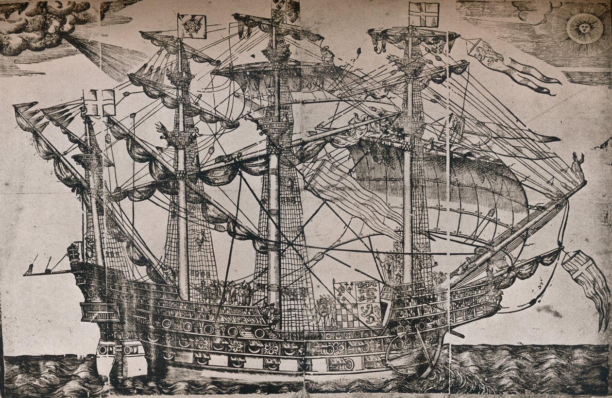 Een houtsnede van een schip dat vermoedelijk de Ark Royal is, c1587 door Unbekannt