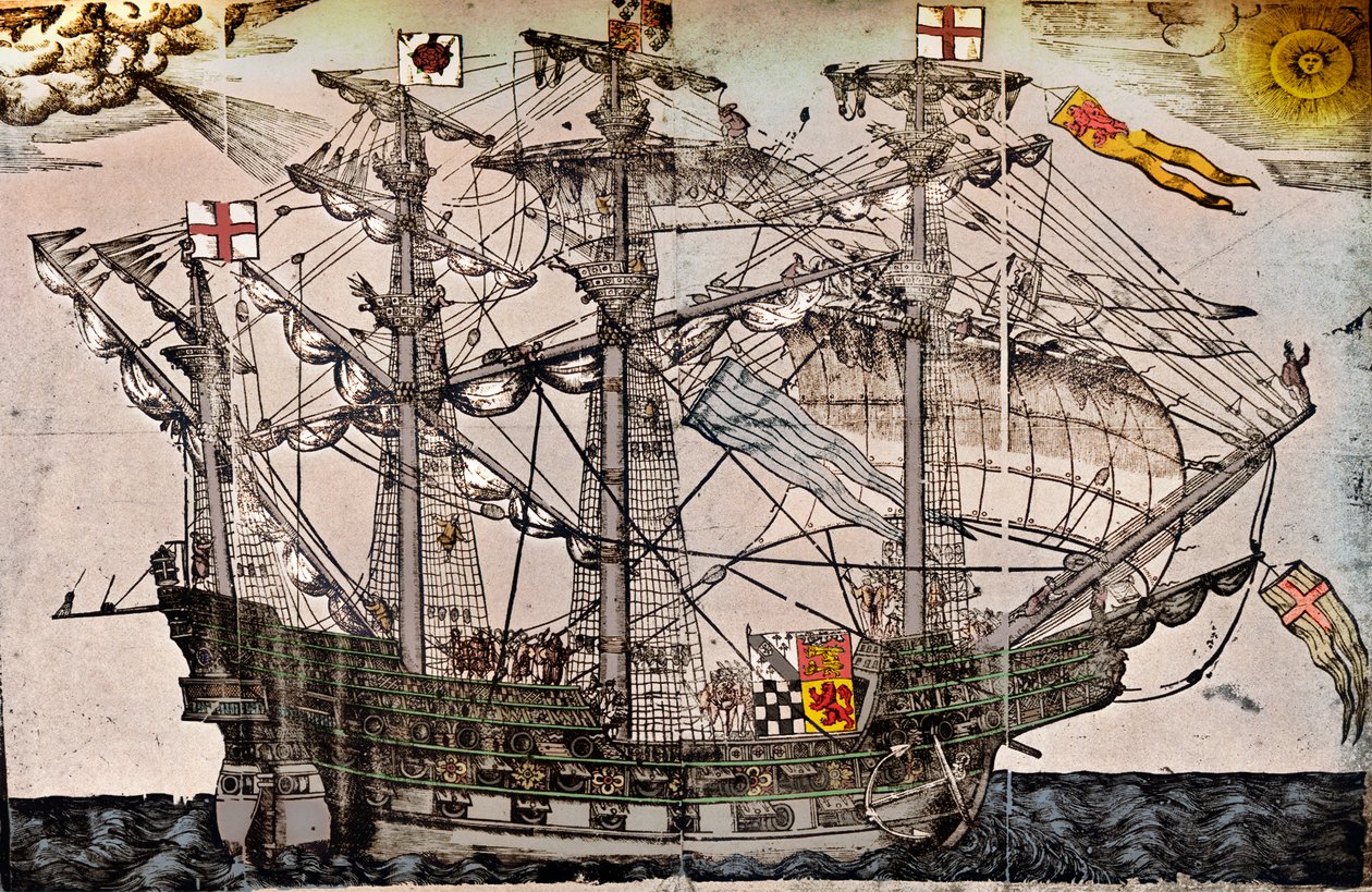 Een houtsnede van een schip dat vermoedelijk de Ark Royal is, ca. 1587 door Unbekannt