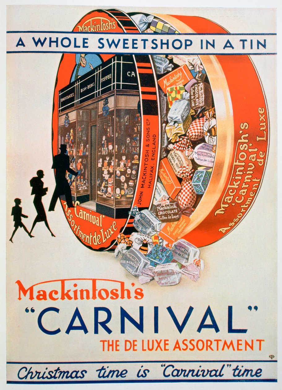 Advertentie voor Mackintoshs Carnival toffee assortimenten, 1930 door Unbekannt