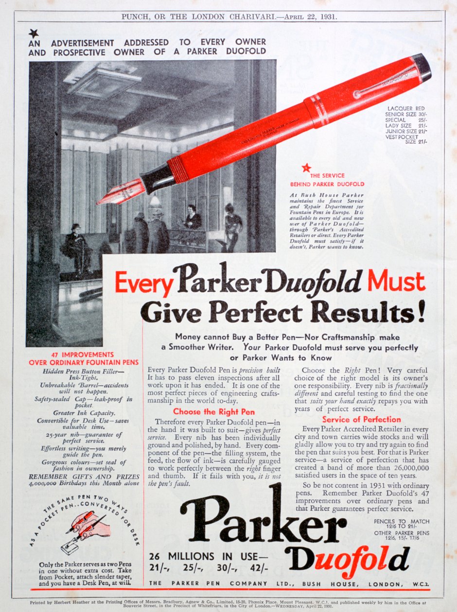 Advertentie voor Parker-pennen, 1931 door Unbekannt
