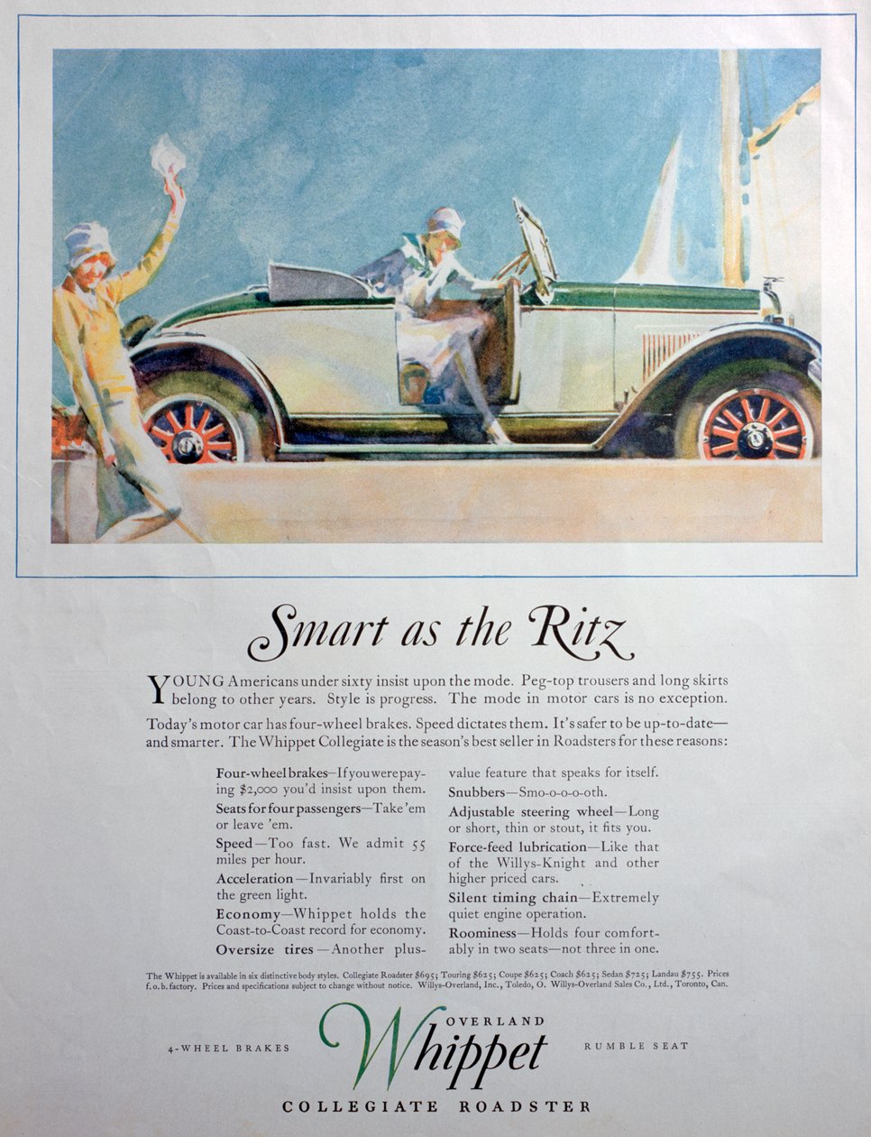 Advertentie voor de Overland Whippet Collegiate Roadster auto door Unbekannt