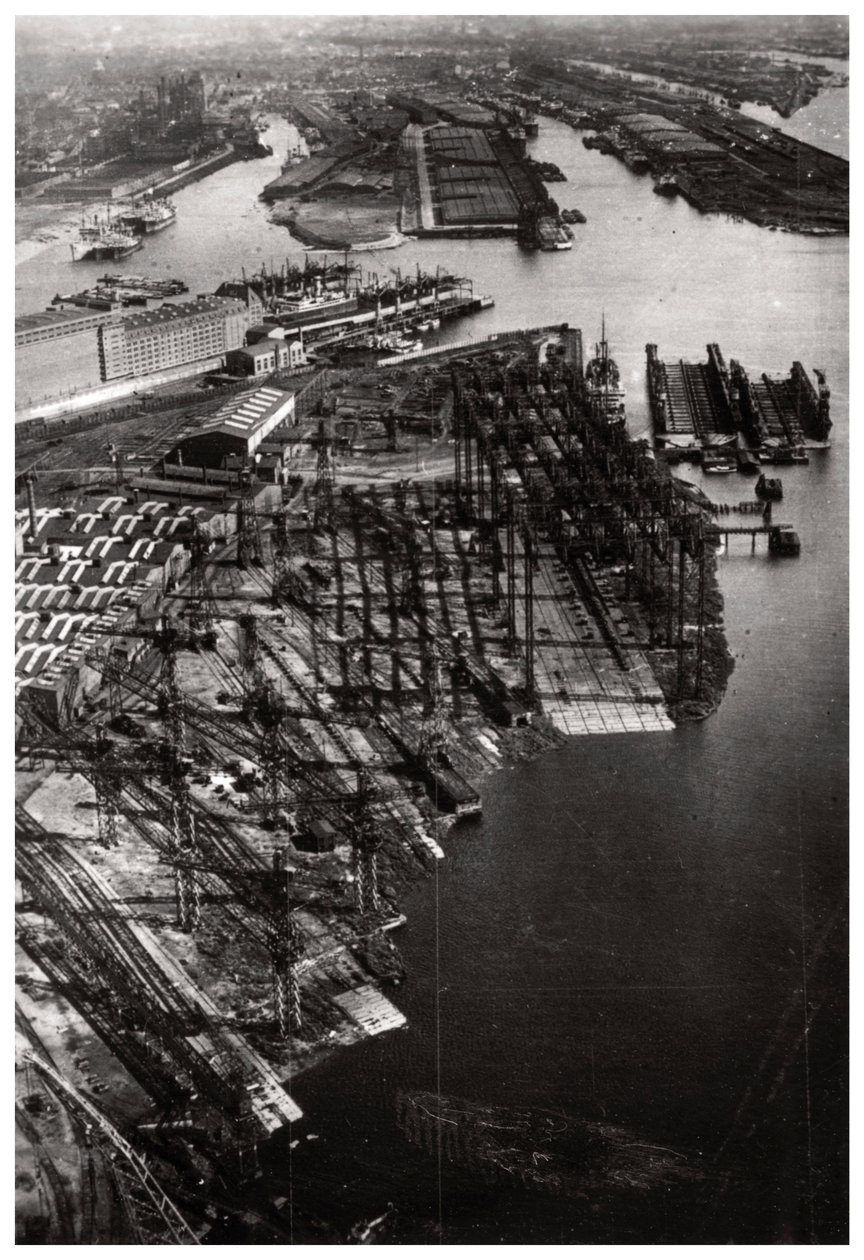Luchtfoto van de Bremer Vulkan scheepswerf, Bremen, Duitsland, vanuit een Zeppelin, ca. 1931-1933 door Unbekannt