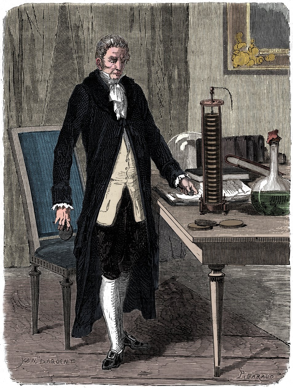 Alessandro Volta, Italiaanse natuurkundige, demonstreert zijn elektrische batterij, c1800 c1870 door Unbekannt