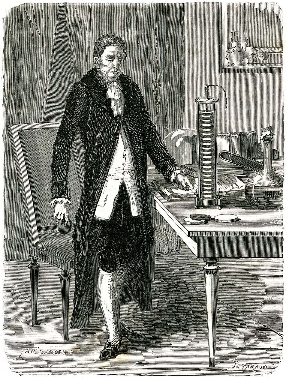 Alessandro Volta, Italiaanse natuurkundige, demonstreert zijn elektrische stapelbatterij, ca 1800 ca 1870 door Unbekannt