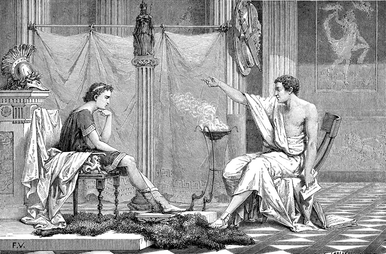 Alexander de Grote 356-323 v.Chr. als jongeling, luisterend naar zijn leraar Aristoteles, ca. 1875 door Unbekannt