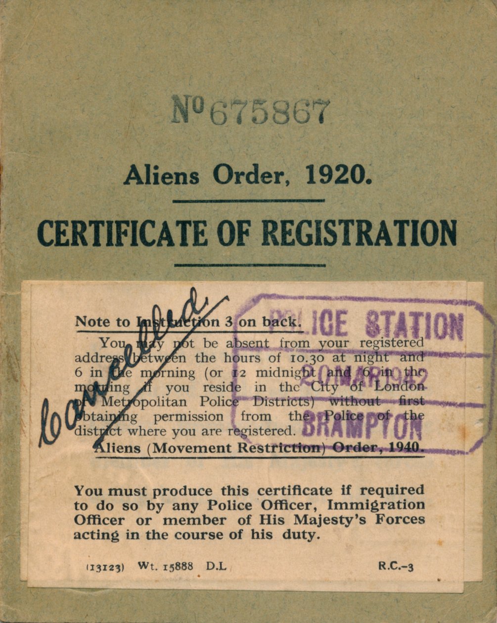Aliens Order, Registratiecertificaat, 1920 door Unbekannt