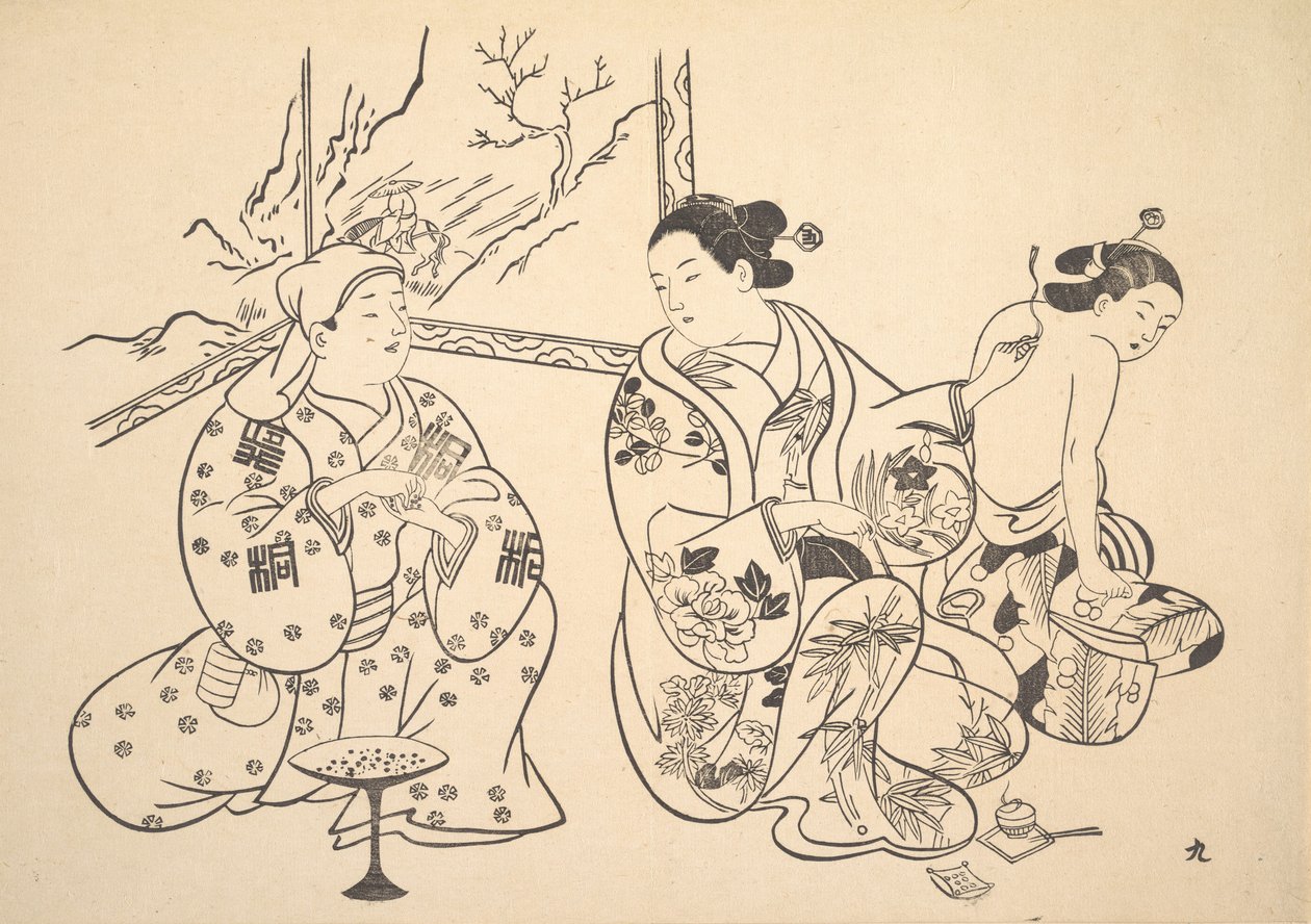 Een Oiran zittend in een salon past de vuurbehandeling toe op de ontblote rug van een andere vrouw door Unbekannt