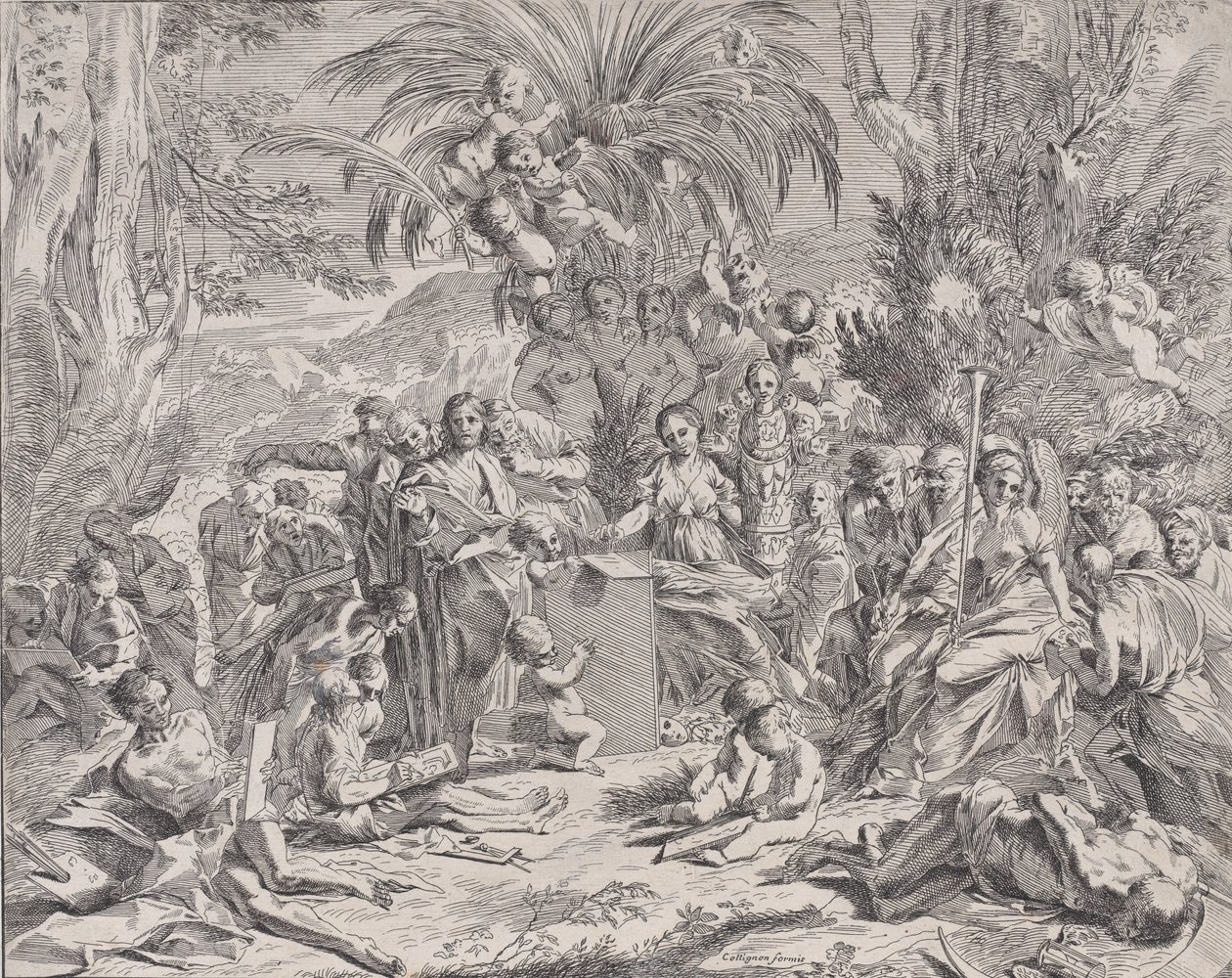 Een allegorie van schilderen, die als kind in het midden links op een tablet tekent, omringd..., 1650-1700 door Unbekannt