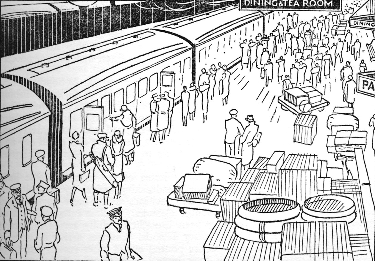 Een illustratie van een treinstation uit de jaren 1930, 1937 door Unbekannt