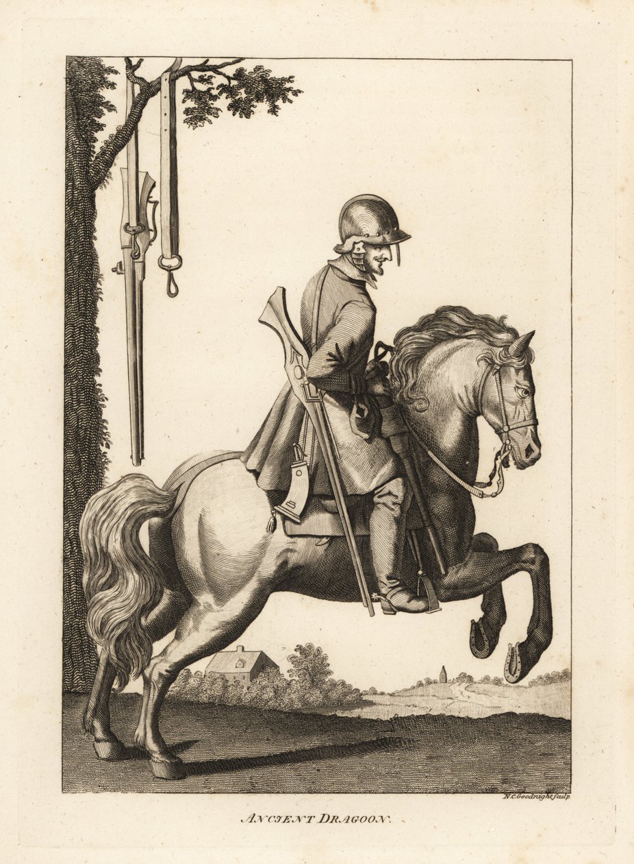 Oude dragonder te paard met helm, musket en kruithoorn door Unbekannt