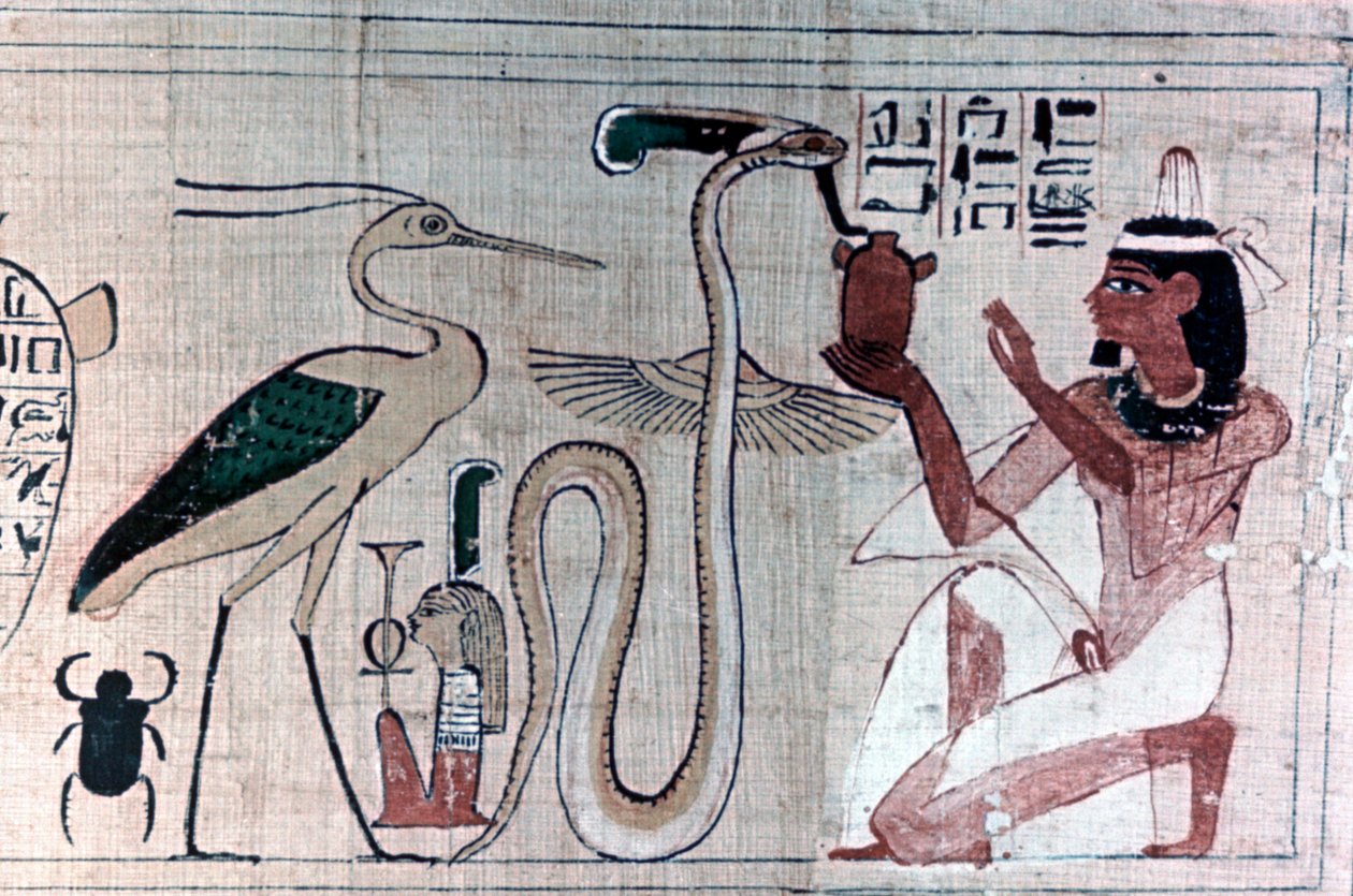 Oude Egyptische papyrus van de dood knielend voor een slang door Unbekannt