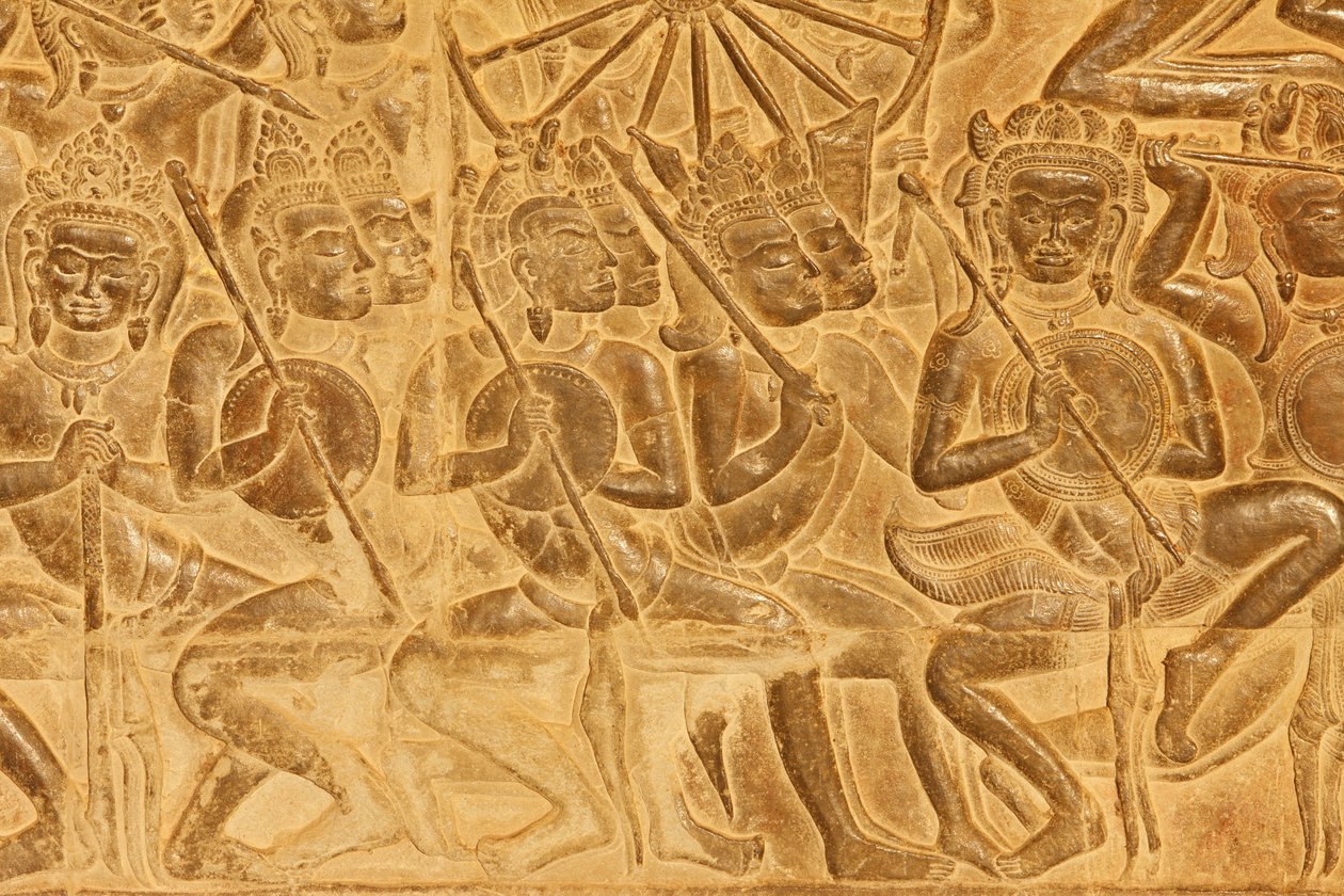 Angkor Wat, detail van reliëfsculptuur van de Slag bij Kurukshetra, Siem Reap, Cambodja door Unbekannt