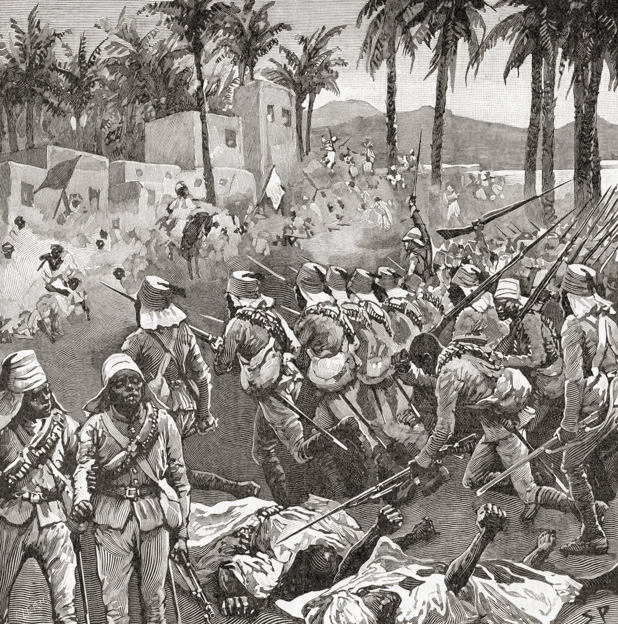 Anglo-Egyptische troepen bestormen het dorp Ferkeh tijdens de Slag bij Ferkeh of Firket, 7 juni 1896, tijdens de Mahdistenoorlog door Unbekannt